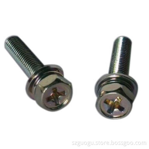 Cross recessed hexagon bolt with indentation, single coil lock washer and plain washer assemblies